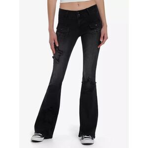 Hot Topic Black Frayed Star Patch Flare Denim Pants